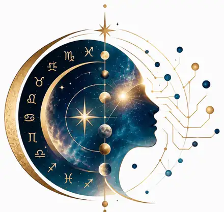 Astro Intelligence emblem: a zodiac crescent and a starlit profile joined to golden circuit lines